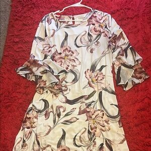 Floral Satin Dress with Bell Sleeves